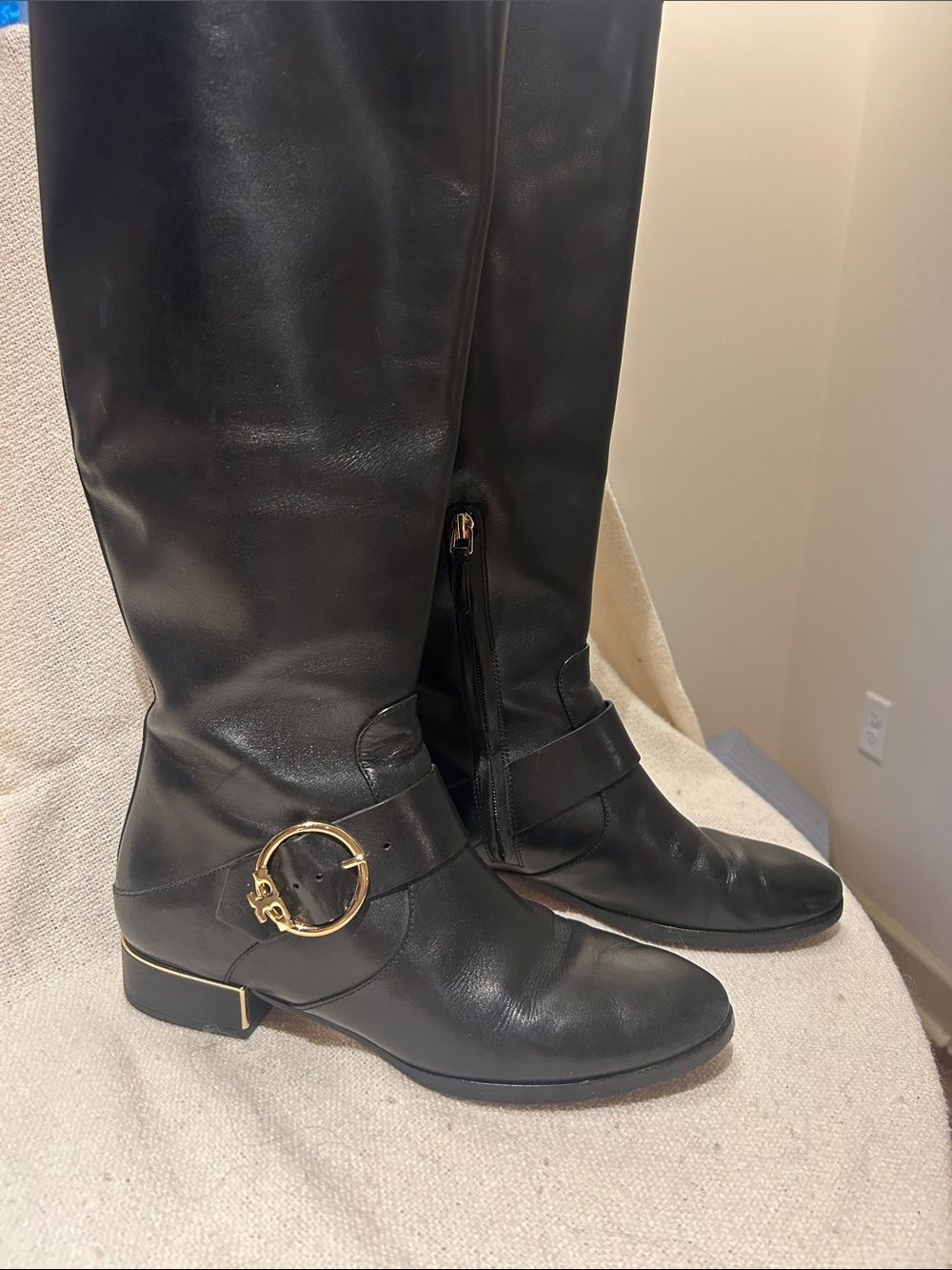 Tory Burch Black Leather Knee-High Boots with Gold Buckle